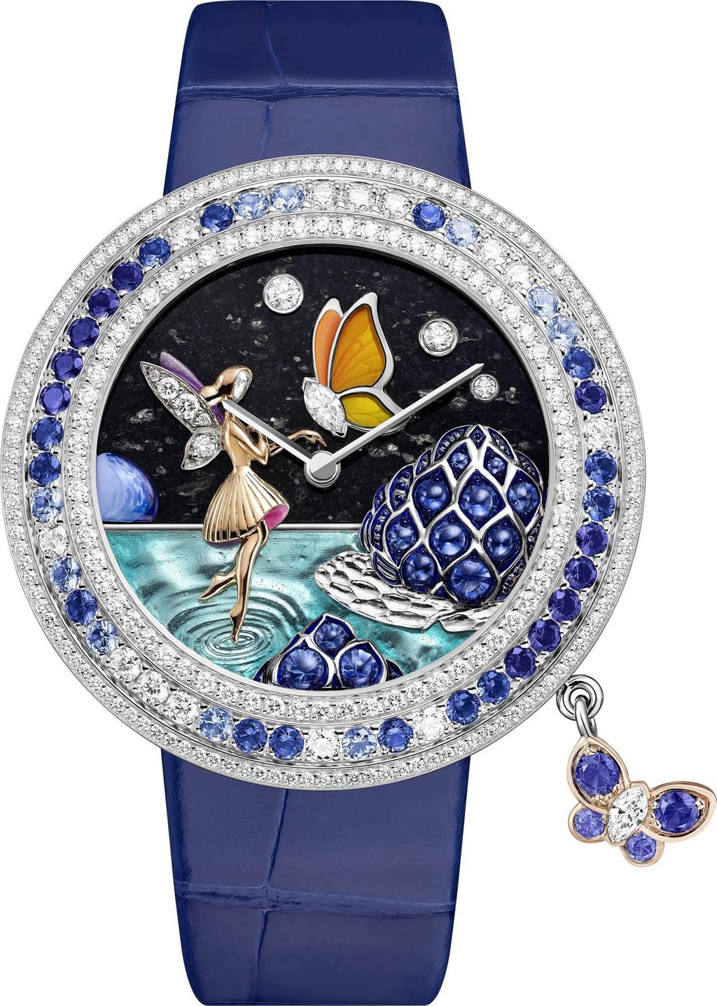 The Charms Papillon Féerique watch from Van Cleef & Arpels’ Extraordinary Dials collection features a 38mm white gold case, white gold bezel, diamonds, sapphires and a rose and white gold rotating charm.