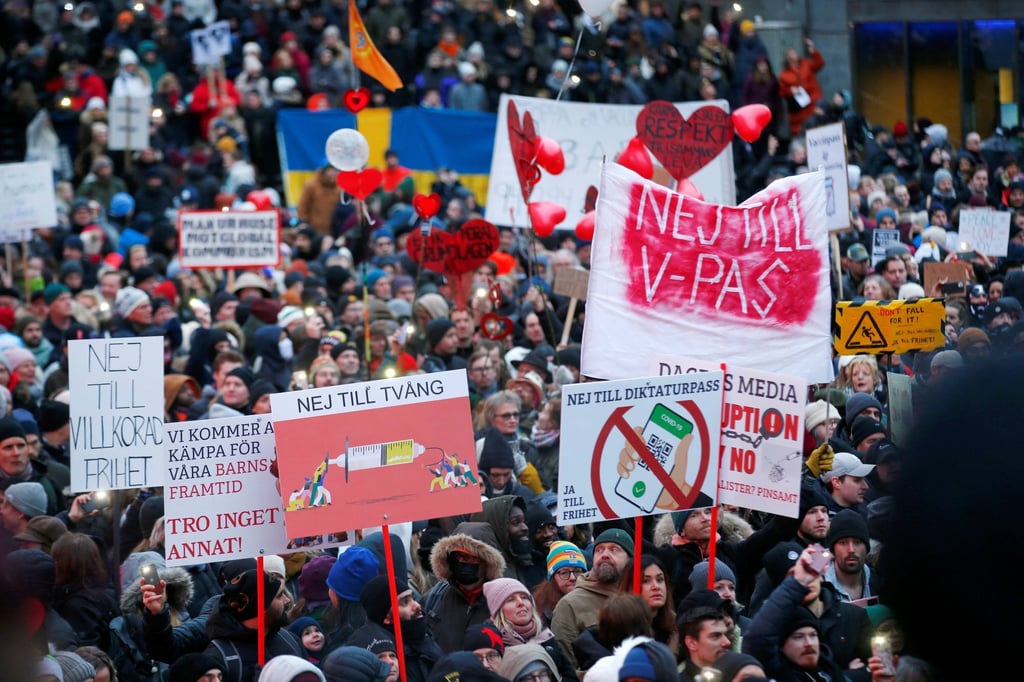 Protesters against the Covid-19 vaccine in Stockholm, Sweden on January 22. Photo: TT News Agency via Reuters