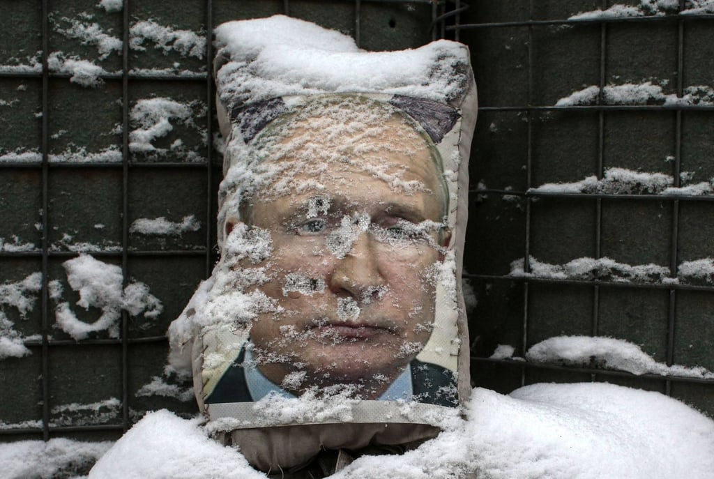 A poster of Russian President Vladimir Putin is used as target practice near the village of Zolote in the Lugansk region of Ukraine on January 21. Photo: AFP