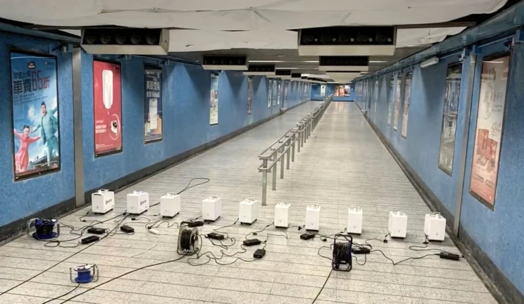 The MTR Corp has arranged for the robots to conduct deep cleaning at Mei Foo MTR station. Photo: Handout The MTR Corp has arranged for the robots to conduct deep cleaning at Mei Foo MTR station. Photo: Handout