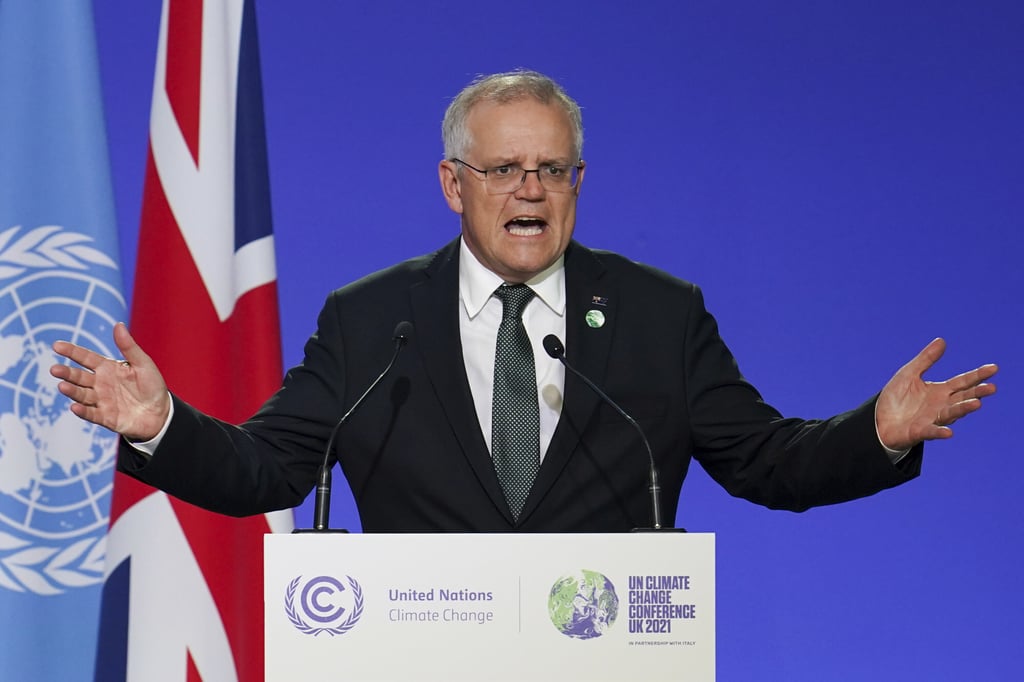 Australia’s Prime Minister Scott Morrison delivers an address, during the COP26 Summit, at the SECC in Glasgow, Scotland, on November 1, 2021. Photo: AP Australia’s Prime Minister Scott Morrison delivers an address, during the COP26 Summit, at the SECC in Glasgow, Scotland, on November 1, 2021. Photo: AP