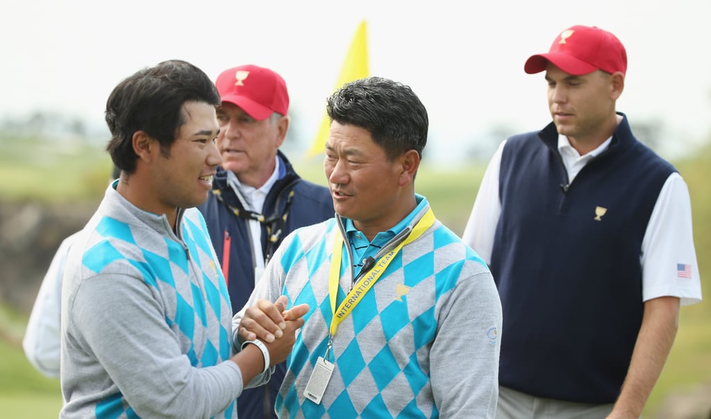 International Team vice-captain KJ Choi greets Hideki Matsuyama during the Saturday foursomes at The Presidents Cup at Jack Nicklaus Golf Club Korea on October 10, 2015. Photo: Getty Images International Team vice-captain KJ Choi greets Hideki Matsuyama during the Saturday foursomes at The Presidents Cup at Jack Nicklaus Golf Club Korea on October 10, 2015. Photo: Getty Images