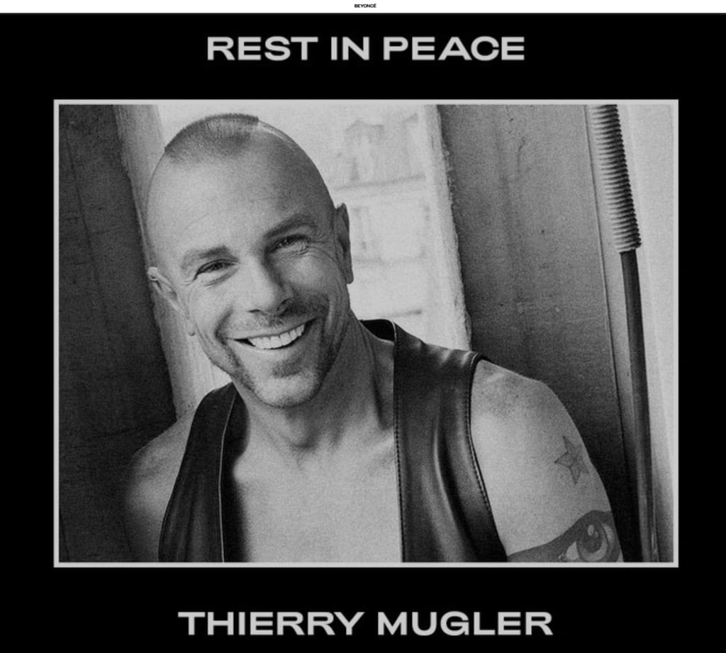 Beyoncé paid tribute to Mugler on her website after his passing. Photo: beyonce.com