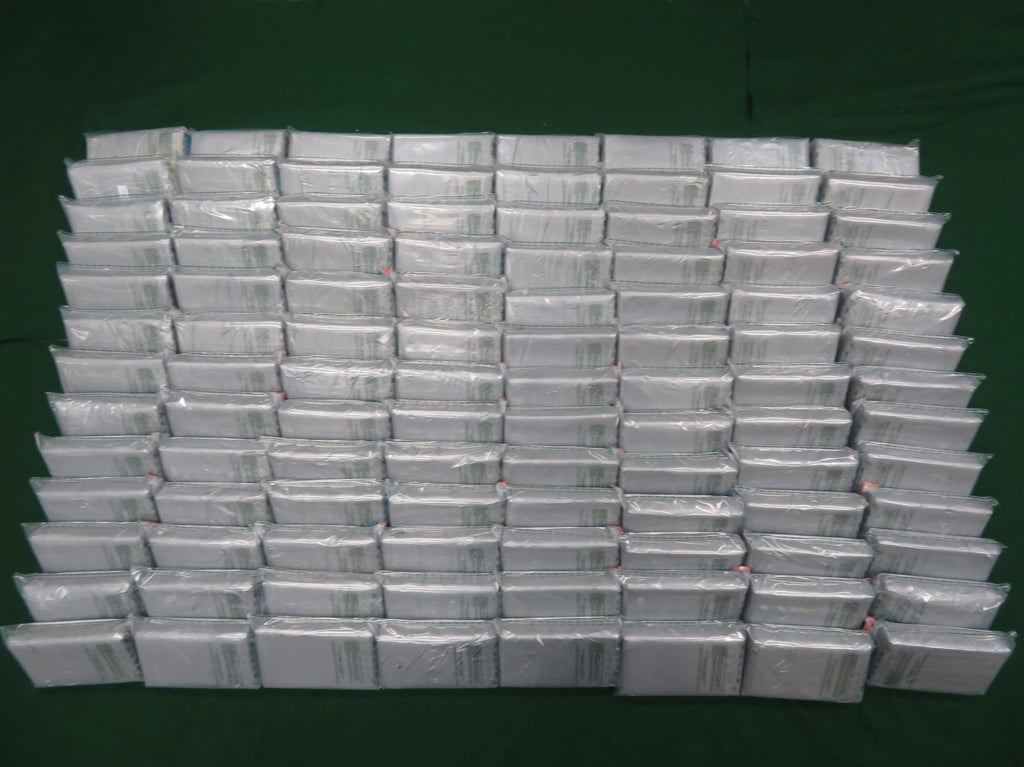 Each brick of suspected cocaine weighs 1.3kg. Photo: ISD Each brick of suspected cocaine weighs 1.3kg. Photo: ISD