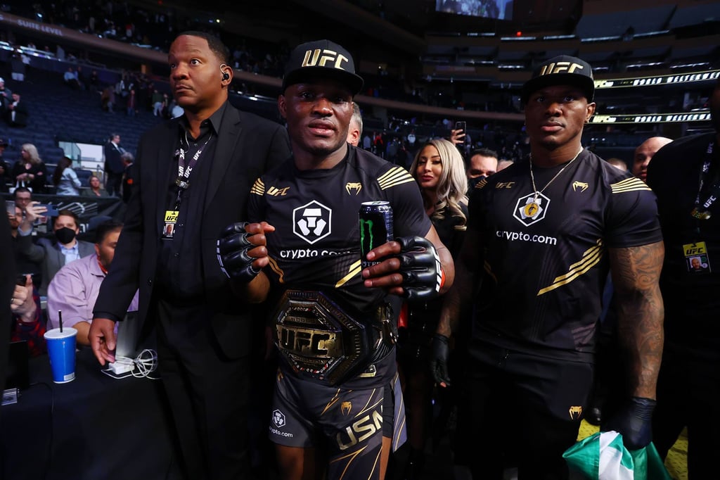 Kamaru Usman celebrates after his decision victory over Colby Covington at UFC 268. Photo: Mike Stobe/Getty Images/AFP
