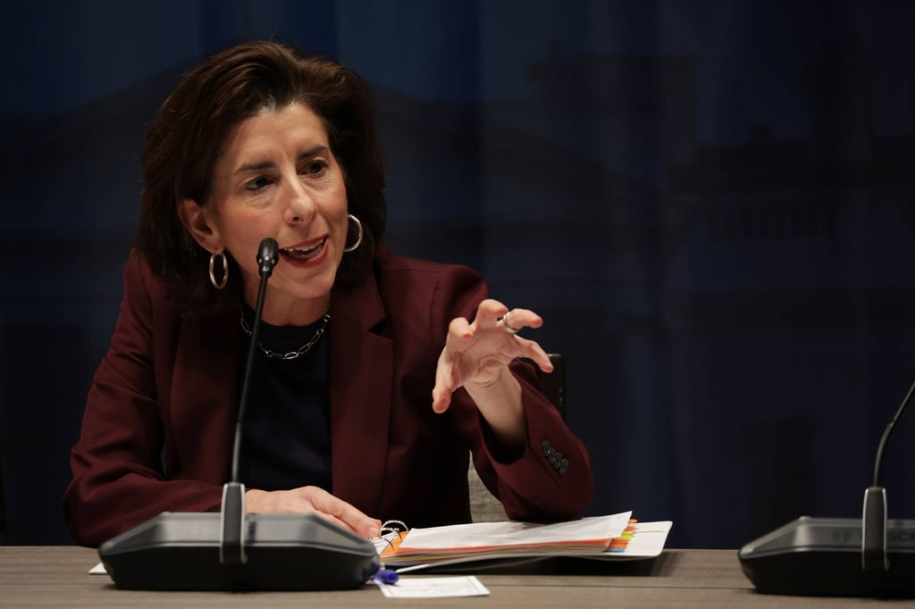 US Secretary of Commerce Gina Raimondo speaks during an event in Washington on Thursday. Photo: AFP