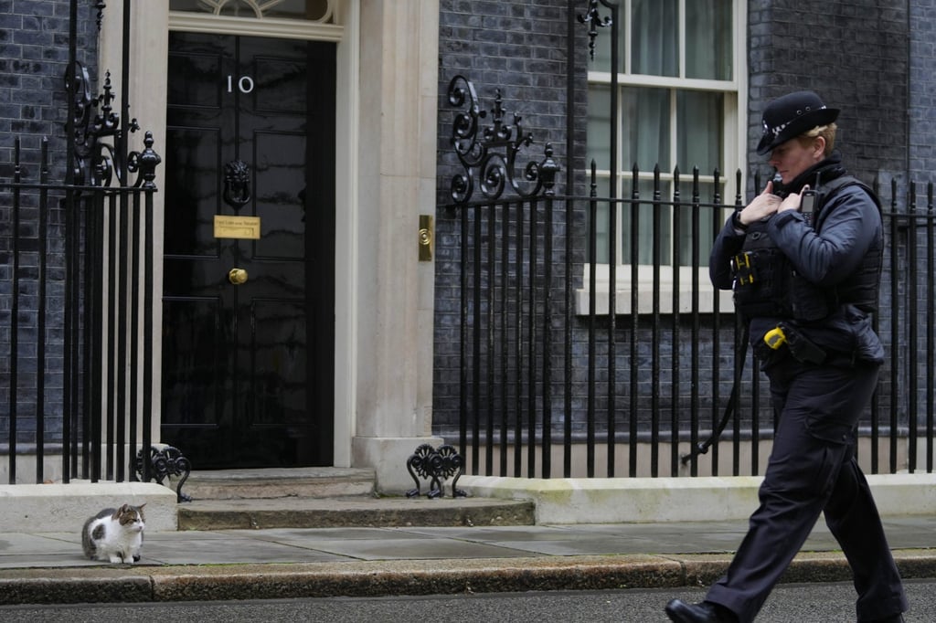 A police officer walks past 10 Downing Street whilst Larry the Cat, Britain’s Chief Mouser to the Cabinet Office, sits on the pavement in London on January 11. Photo: AP