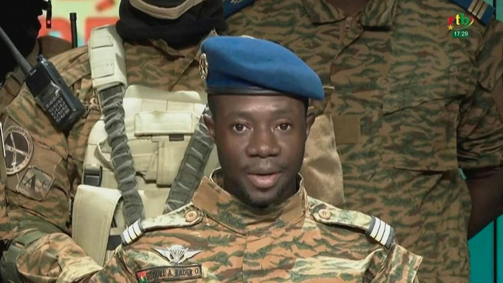 Video grab taken from a video obtained by AFPTV from Radio Télévision du Burkina (RTB) on January 24 shows Burkina Faso junta spokesman Captain Sidsoré Kader Ouedraogo. Photo: Radio Télévision du Burkina (RTB) / AFP
