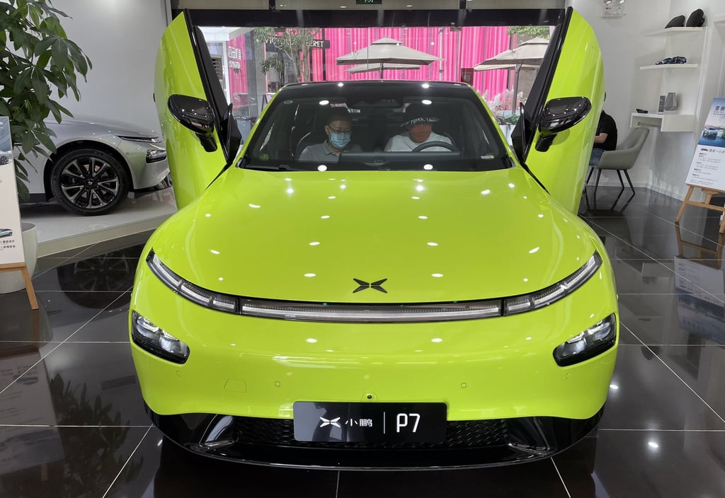 An Xpeng P7 is displayed at a showroom in downtown Beijing. Photo: Simon Song An Xpeng P7 is displayed at a showroom in downtown Beijing. Photo: Simon Song