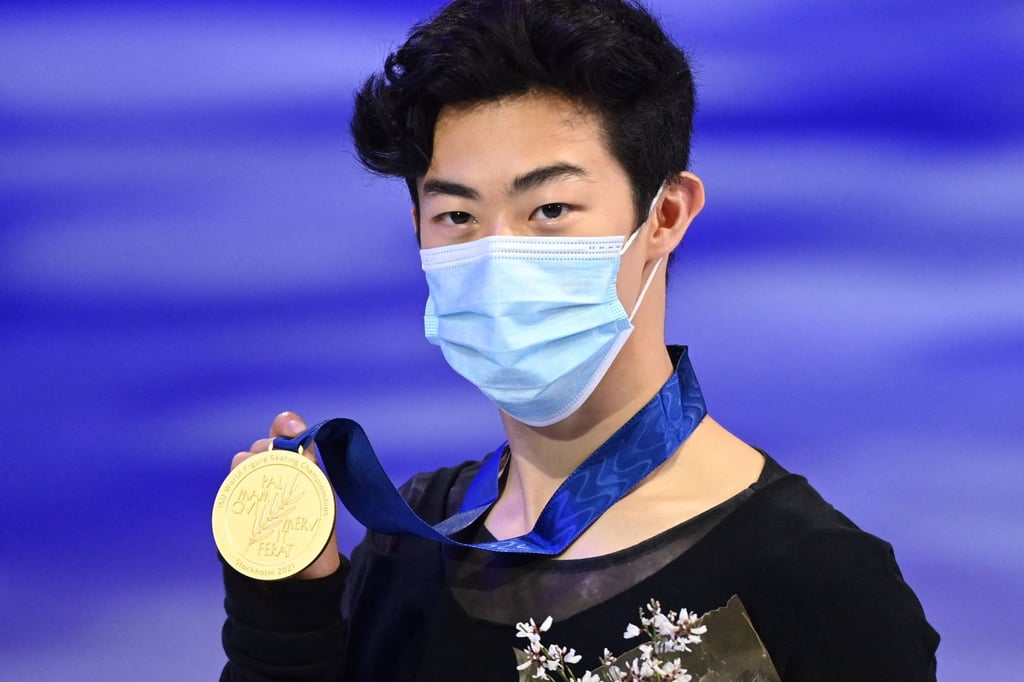 Nathan Chen celebrates after the men’s free skating event at the ISU World Figure Skating Championships in Stockholm. Photo: AFP