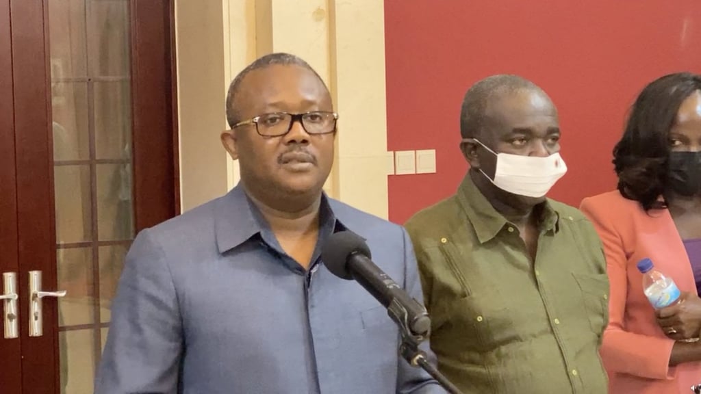 Guinea-Bissau’s President Umaro Sissoco Embalo (left) speaks to the media in Bissau, Guinea-Bissau on Tuesday. Photo: Radio Bantaba via Reuters Guinea-Bissau’s President Umaro Sissoco Embalo (left) speaks to the media in Bissau, Guinea-Bissau on Tuesday. Photo: Radio Bantaba via Reuters