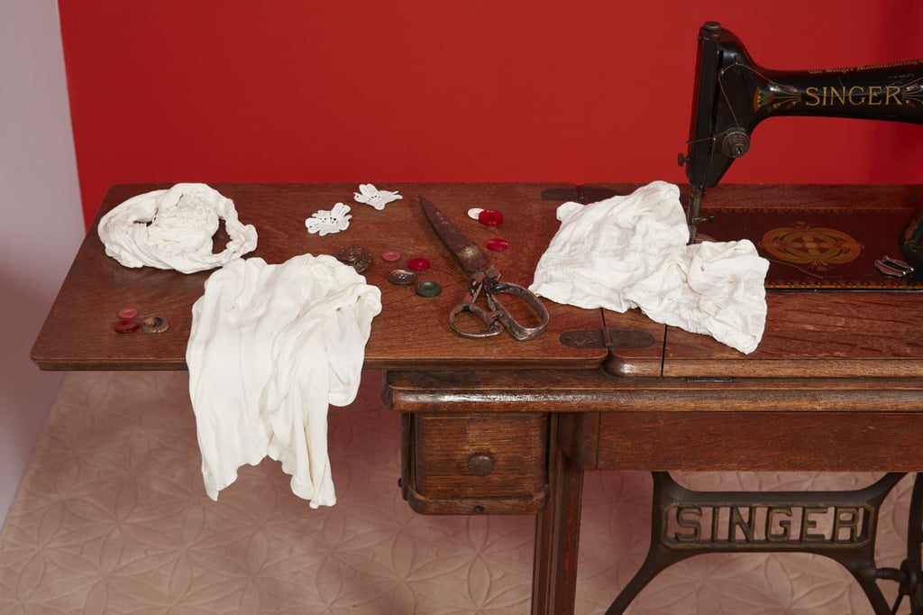 The sewing machine and various ceramic pieces of Tse’s Time Traveller tableau, at M+ in Hong Kong. Photo: Courtesy of M+ The sewing machine and various ceramic pieces of Tse’s Time Traveller tableau, at M+ in Hong Kong. Photo: Courtesy of M+