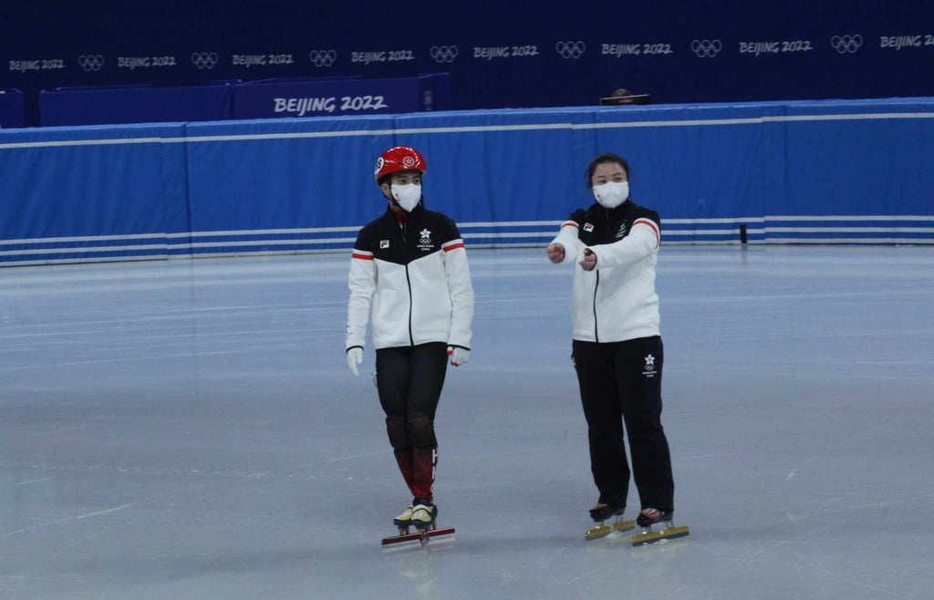 Hong Kong short-track speed skater Sidney Chu (left) with head coach and two-time Chinese Olympic silver medallist Sun Dandan training before their Beijing Winter Olympics event. Photo: Hong Kong Sports Federation and Olympic Committee Hong Kong short-track speed skater Sidney Chu (left) with head coach and two-time Chinese Olympic silver medallist Sun Dandan training before their Beijing Winter Olympics event. Photo: Hong Kong Sports Federation and Olympic Committee