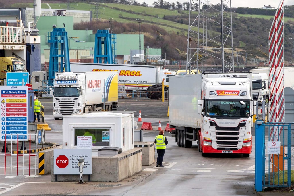 A lorry leaves Larne port, north of Belfast in Northern Ireland, after arriving on a ferry from Stranraer in Scotland. Photo: AFP A lorry leaves Larne port, north of Belfast in Northern Ireland, after arriving on a ferry from Stranraer in Scotland. Photo: AFP