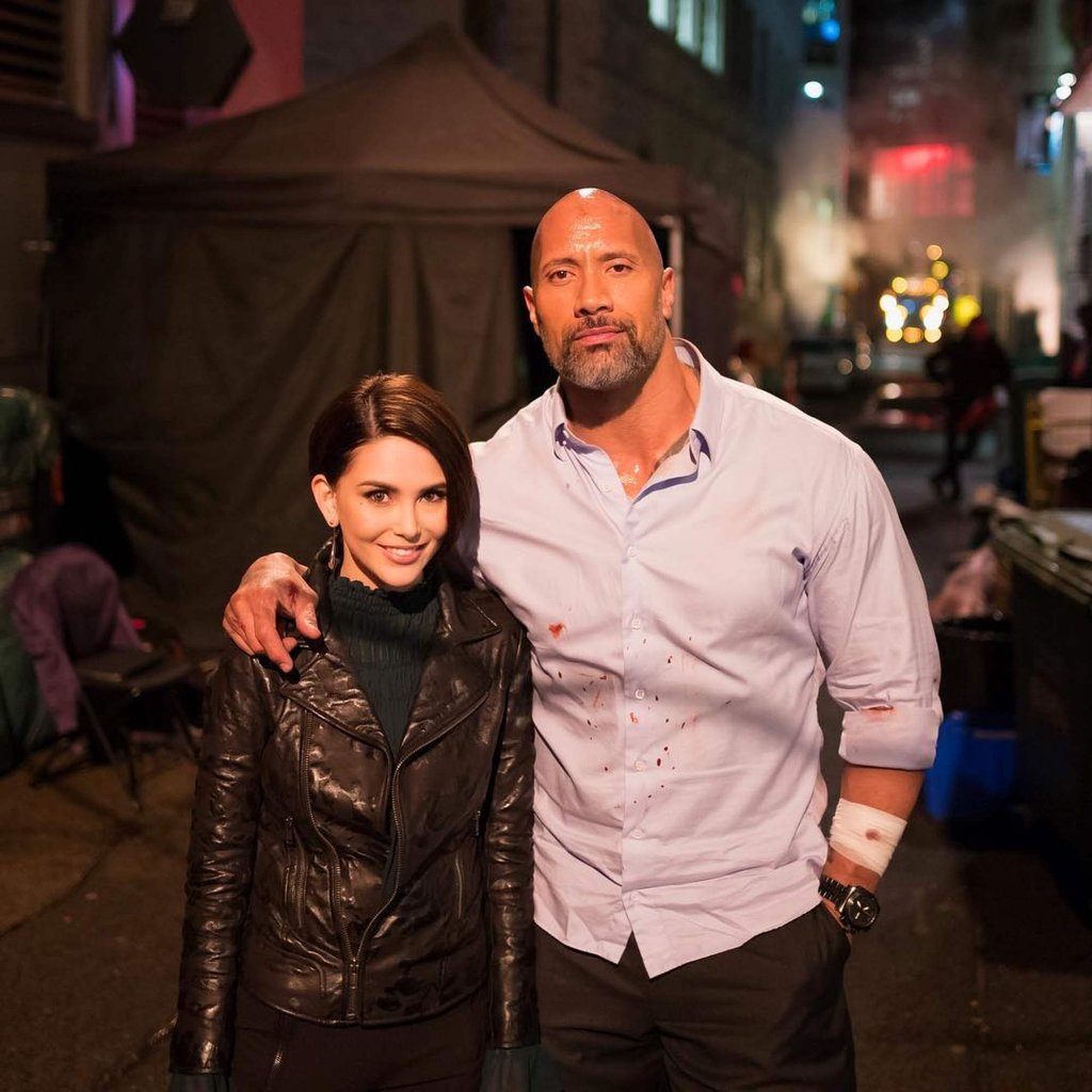 Hannah Quinlivan and her Skyscraper castmate Dwayne “The Rock” Johnson. Photo: @therock/Instagram Hannah Quinlivan and her Skyscraper castmate Dwayne “The Rock” Johnson. Photo: @therock/Instagram