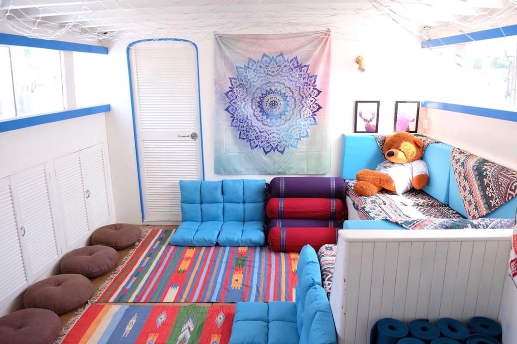 Aboard the yoga yacht, moored off Kwun Tong. Photo: Handout Aboard the yoga yacht, moored off Kwun Tong. Photo: Handout