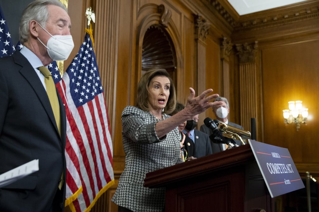 US Speaker of the House Nancy Pelosi talks about the America Competes Act, which now must be reconciled with a similar bill in the Senate. Photo: EPA-EFE