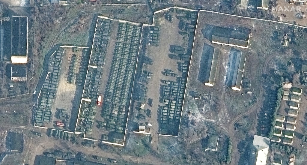 A satellite image shows troops gathered at Bakhchysarai, Crimea, on February 1. Photo: Maxar Technologies via AP
