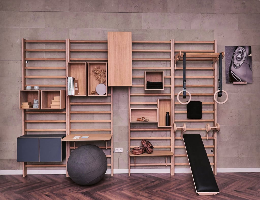 The Healthy Office, favoured by people who like to keep fitness equipment on hand, from Where We Work by An Bogaerts. Photo: Heimholz by Siehr The Healthy Office, favoured by people who like to keep fitness equipment on hand, from Where We Work by An Bogaerts. Photo: Heimholz by Siehr