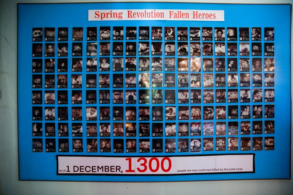 A poster with pictures of people killed by Myanmar’s junta troops is seen at the Assistance Association for Political Prisoners office in Thailand last month. Photo: Reuters A poster with pictures of people killed by Myanmar’s junta troops is seen at the Assistance Association for Political Prisoners office in Thailand last month. Photo: Reuters