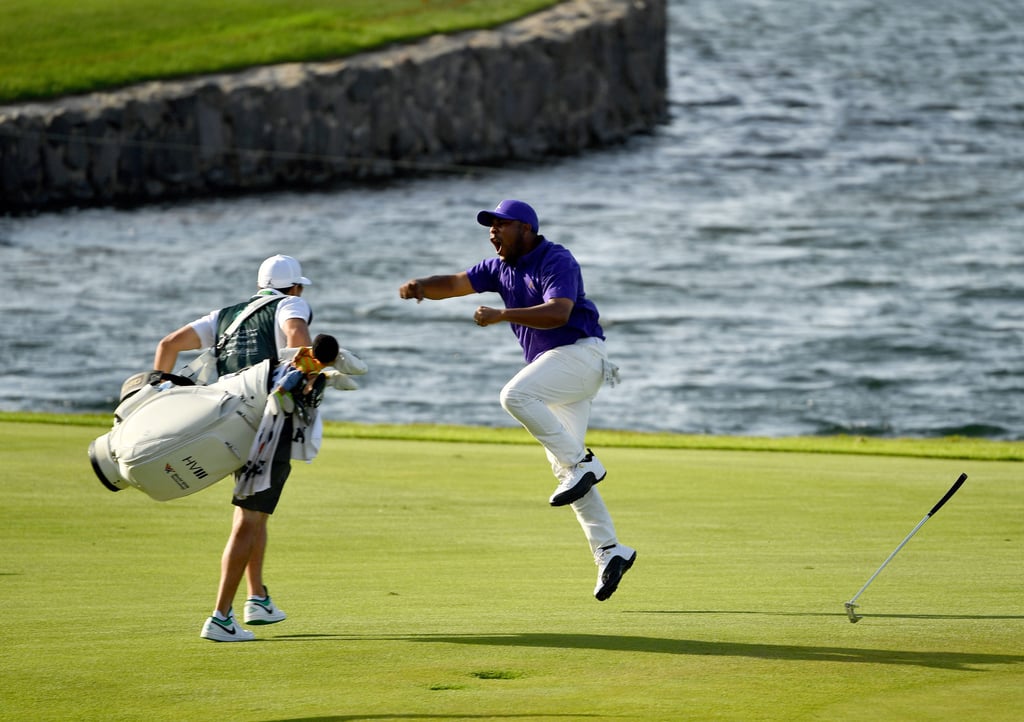 Harold Varner III celebrates on the 18th green after winning the Saudi International. Harold Varner III celebrates on the 18th green after winning the Saudi International.