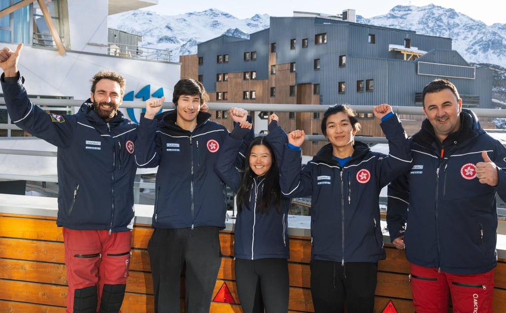 Audrey King (middle) and Adrian Yung (second from right) with other Hong Kong team officials in Europe. Photo: Skiing Association of Hong Kong