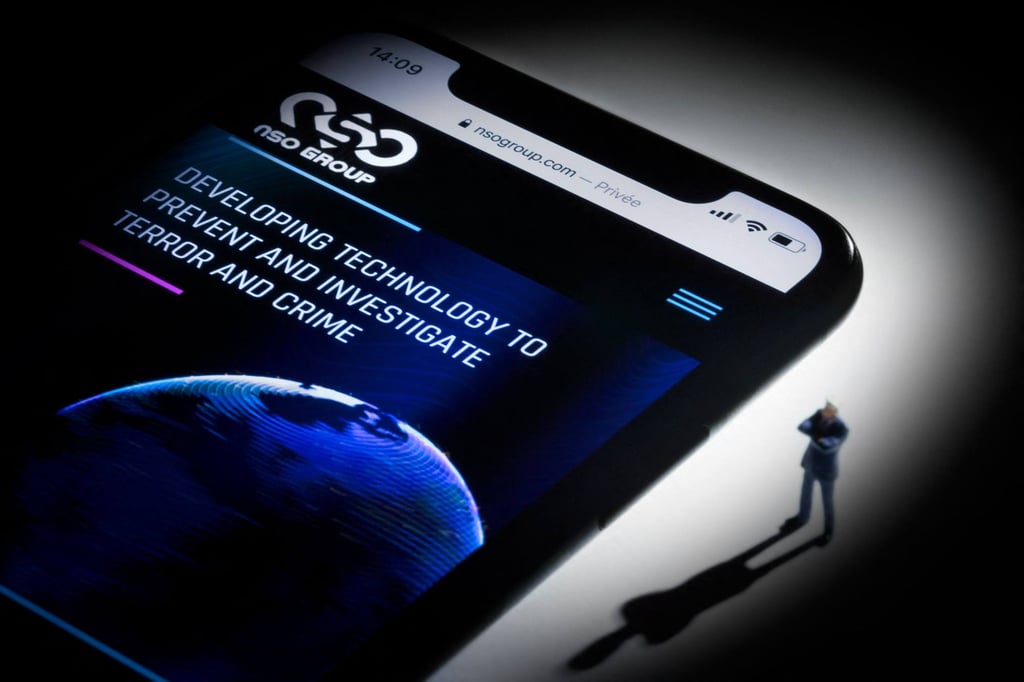 A smartphone showing the website of Israel’s NSO Group which makes Pegasus spyware. File photo: AFP