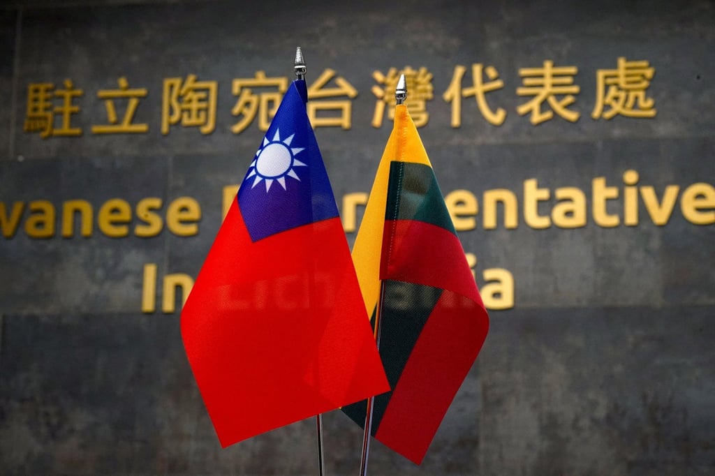 Taiwanese and Lithuanian flags at the Taiwanese Representative Office in Vilnius. Photo: Reuters