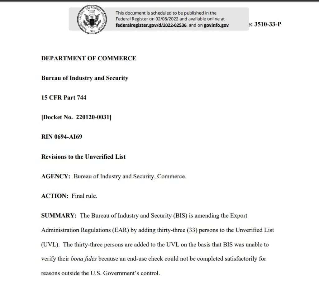 The US Commerce Department is adding 33 Chinese companies to its “unverified list”, bringing the total number to roughly 175. Image: US Federal Register