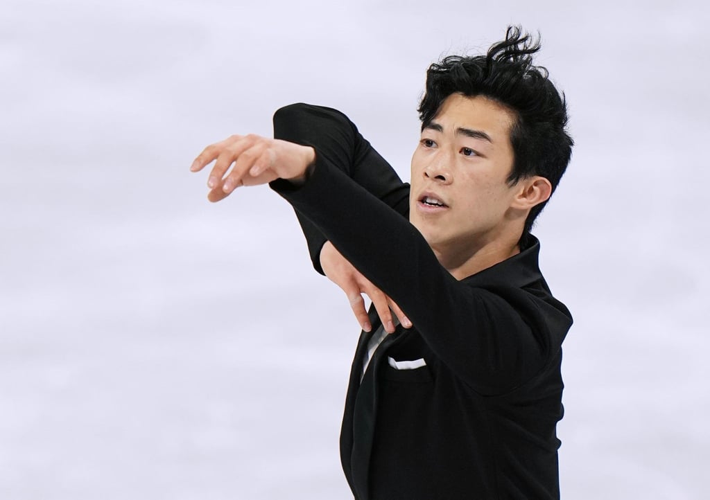 Nathan Chen competes in the men’s figure skating short programme at the Beijing Winter Olympics. Photo: Kyodo