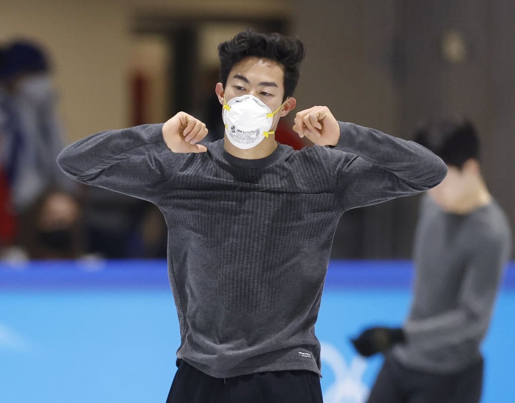 American skater Nathan Chen takes part in a training session on Wednesday. Photo: Kyodo