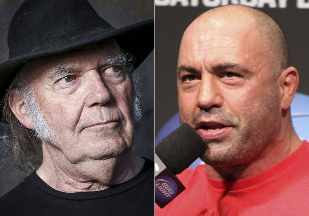 From left, musician Neil Young and UFC announcer and podcaster Joe Rogan. Photo: AP