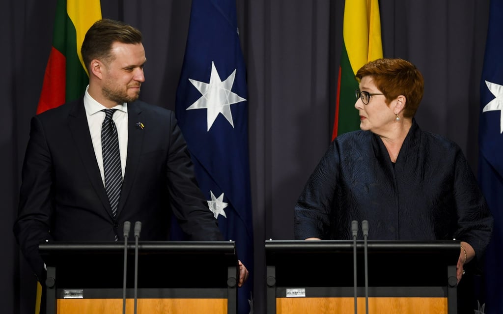 Lithuanian Foreign Minister Gabrielius Landsbergis and Australian Foreign Affairs Minister Marise Payne speak to the media at Parliament House in Canberra. Photo: EPA-EFE Lithuanian Foreign Minister Gabrielius Landsbergis and Australian Foreign Affairs Minister Marise Payne speak to the media at Parliament House in Canberra. Photo: EPA-EFE