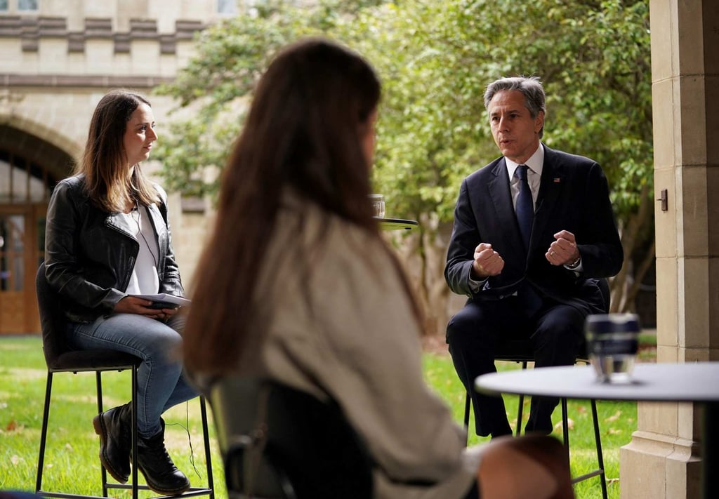 US Secretary of State Antony Blinken (right), who is in Australia for a meeting of Quad foreign ministers, holds a student town hall at the University of Melbourne on Thursday. Photo: AFP US Secretary of State Antony Blinken (right), who is in Australia for a meeting of Quad foreign ministers, holds a student town hall at the University of Melbourne on Thursday. Photo: AFP