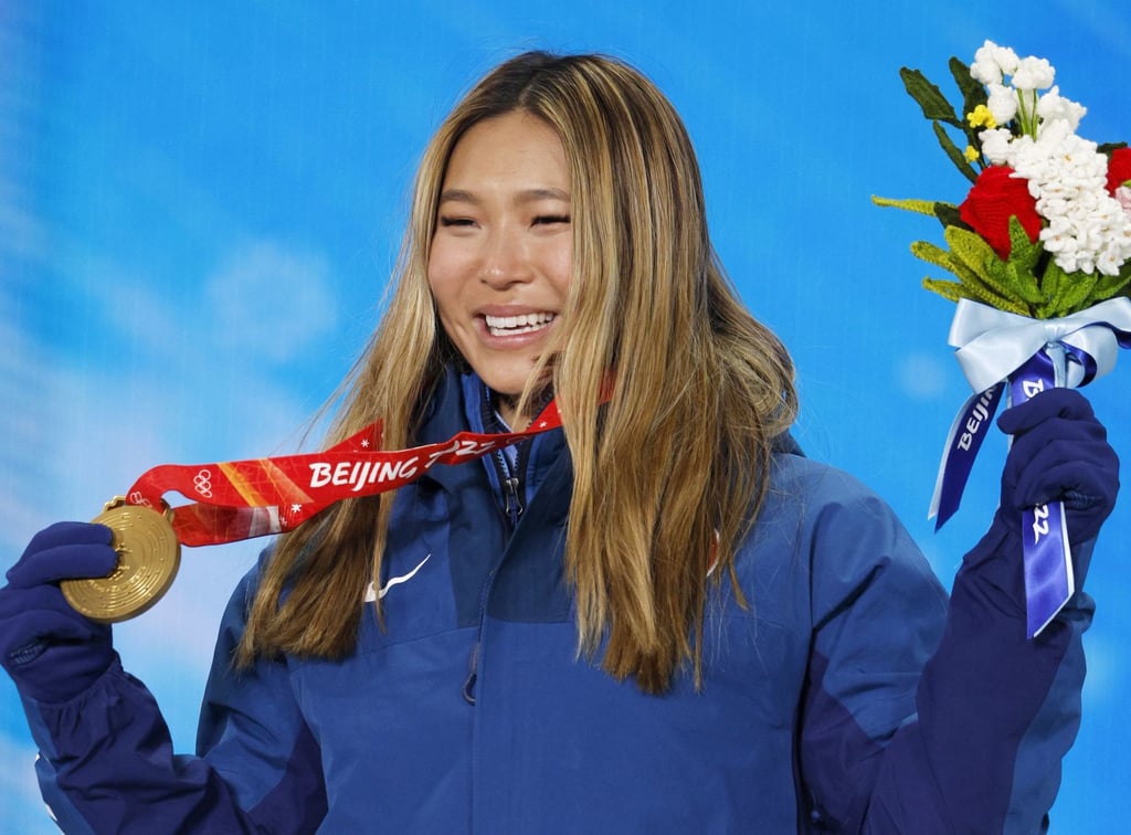 Gold medallist Chloe Kim of the US poses during the medal ceremony for the women’s snowboard half-pipe at the Beijing Winter Olympics on February 10, in Zhangjiakou, China. Photo: Kyodo