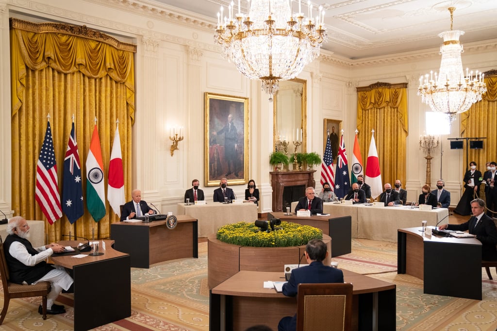 US President Joe Biden hosts a Quad leaders summit with Indian Prime Minister Narendra Modi, Australian Prime Minister Scott Morrison and Japanese Prime Minister Suga Yoshihide at the White House on September 24. Secretary of State Antony Blinken is at right. Photo: Getty Images/TNS
