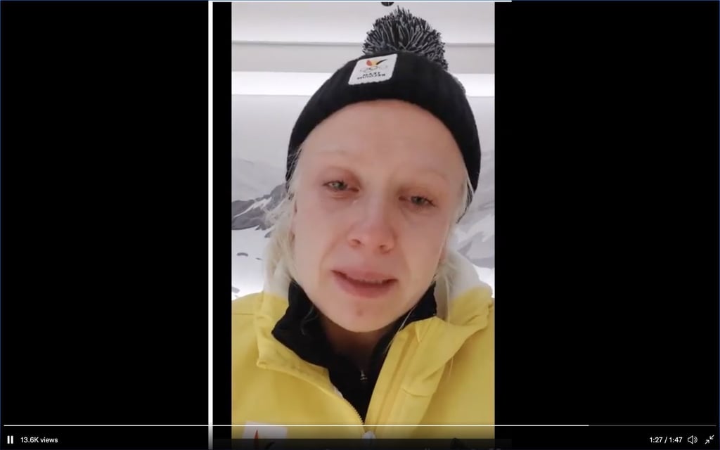 Belgian skeleton rider Kim Meylemans cries in a video detailing her ordeal in isolation at Beijing 2022.
