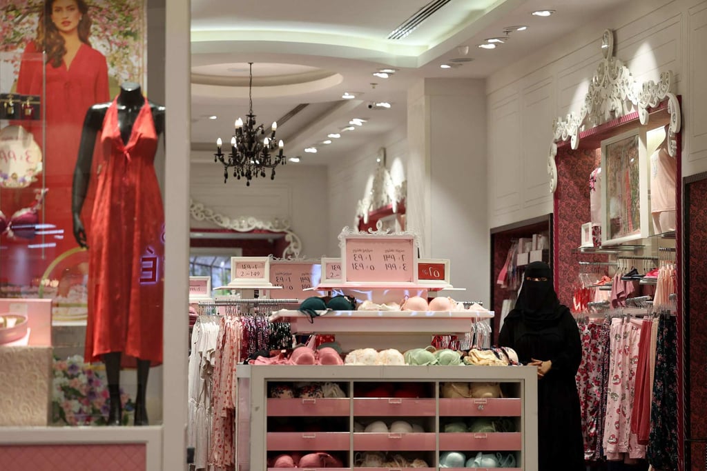 A lingerie store decorated in red ahead of Valentine’s Day. Photo: AFP