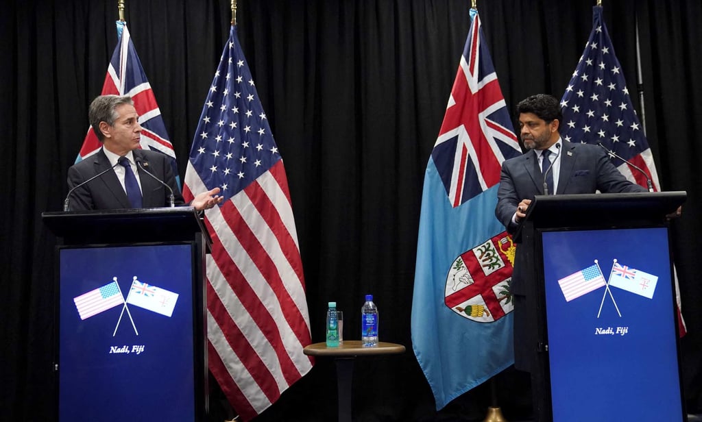 US Secretary of State Antony Blinken at a joint press conference with Fiji’s acting Prime Minister Aiyaz Sayed-Khaiyum in Nadi, on Saturday. Photo: AFP