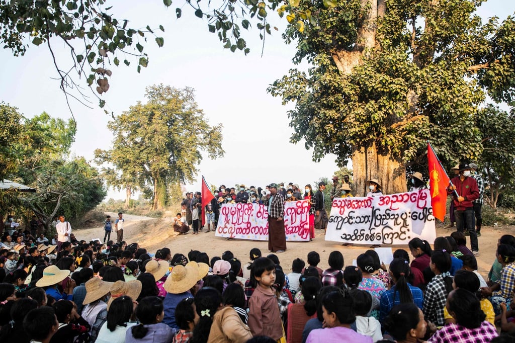 Protesters participate in a demonstration against the military coup in the Sagaing Division of Myanmar. Photo: AFP