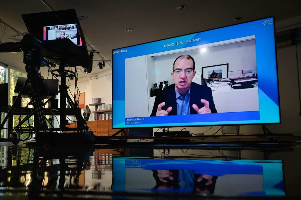 Moderna’s chief executive Stephane Bancel speaking during the World Economic Forum (WEF) Davos Agenda virtual sessions at the WEF’s headquarters in Cologny near Geneva on January 17, 2022. Photo: AFP Moderna’s chief executive Stephane Bancel speaking during the World Economic Forum (WEF) Davos Agenda virtual sessions at the WEF’s headquarters in Cologny near Geneva on January 17, 2022. Photo: AFP