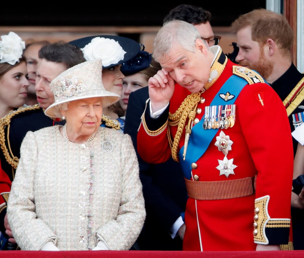 Queen Elizabeth and Prince Andrew, Duke of York watch a fly-past from the balcony of Buckingham Palace during Trooping the Colour, the queen’s annual birthday parade, in June 2019. Photo: Getty Images