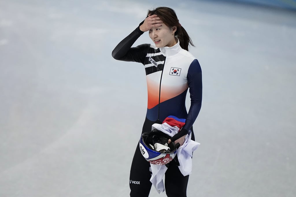South Korea’s Choi Min-jeong is relieved after winning gold in the women’s 1,500m short-track speedskating event. Photo: AP South Korea’s Choi Min-jeong is relieved after winning gold in the women’s 1,500m short-track speedskating event. Photo: AP