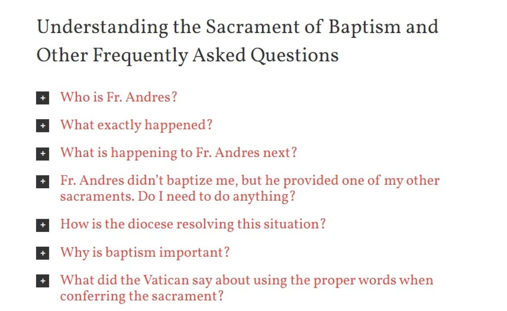 A screen grab from the Diocese of Phoenix website shows an FAQ addressing common questions by parishioners about the issue. Photo: Diocese of Phoenix website A screen grab from the Diocese of Phoenix website shows an FAQ addressing common questions by parishioners about the issue. Photo: Diocese of Phoenix website