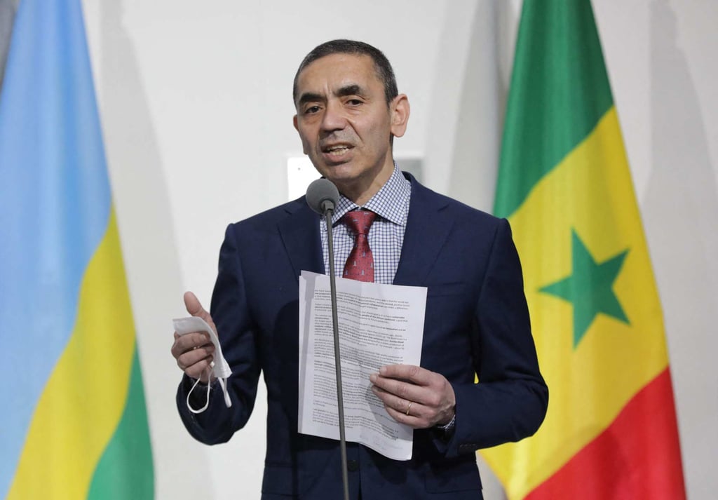 BioNTech CEO Ugur Sahin delivers a statement next at his company’s manufacturing site in Marburg, Germany, on Wednesday. Photo: AFP