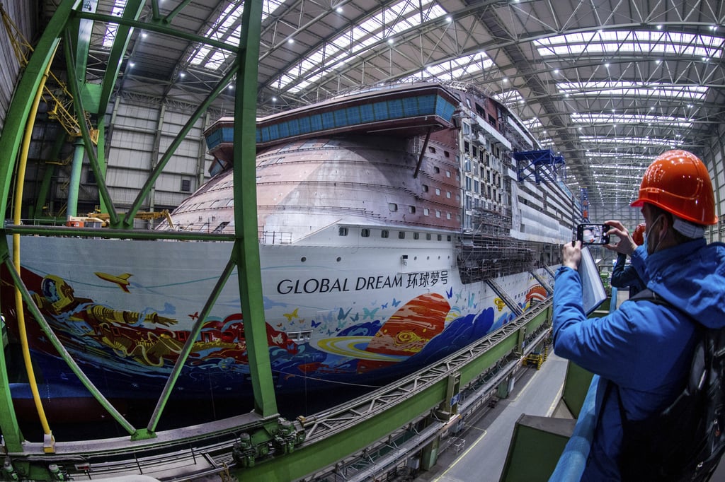 The cruise ship “Global Dream” under construction in the shipbuilding hall of MV Werften shipyard in Wismar, Germany, on Friday, Jan. 7, 2022. Photo: dpa via AP.
