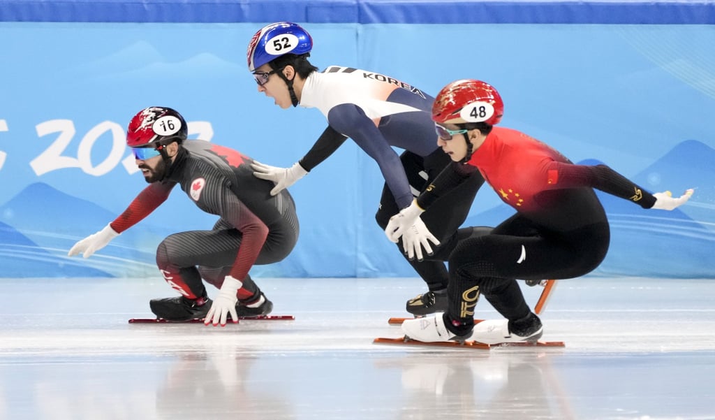 Korean short-track skater Hwang Dae-heon (centre) during an event at the Beijing Olympics. Photo: AP Korean short-track skater Hwang Dae-heon (centre) during an event at the Beijing Olympics. Photo: AP