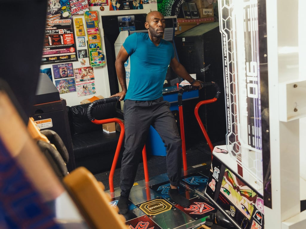 Phil Arrington playing Pump It Up on his Japanese arcade game that came from an arcade in Tokyo, now located in California, United States. Photo: Julian Berman
