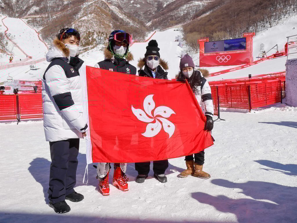 (From left) Hong Kong Winter Olympians Sidney Chu, Adrian Yung Hau-tsuen, chef de mission Karl Kwok Chi-leung and Audrey King at the Beijing Winter Olympic Games at the Yanqing National Alpine Skiing Centre. Photo: HKSF&OC