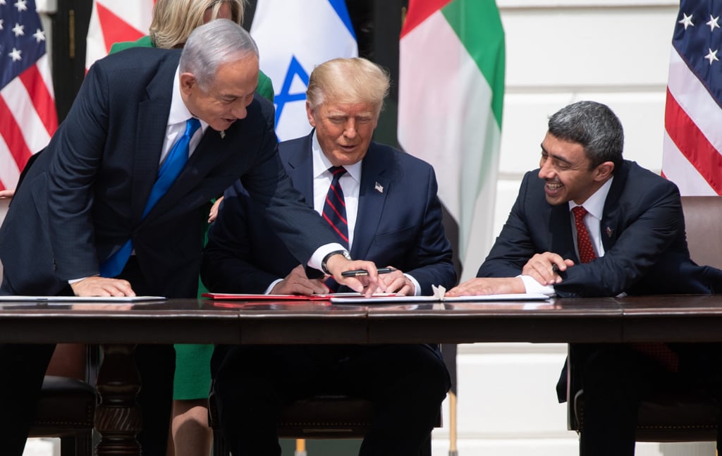 Former Israeli Prime Minister Benjamin Netanyahu, then-US President Donald Trump, and UAE Foreign Minister Abdullah bin Zayed Al-Nahyan at the signing of the Abraham Accords in September 2020. Photo: AFP Former Israeli Prime Minister Benjamin Netanyahu, then-US President Donald Trump, and UAE Foreign Minister Abdullah bin Zayed Al-Nahyan at the signing of the Abraham Accords in September 2020. Photo: AFP